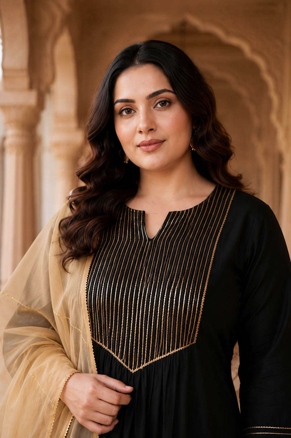 Black Gold Cambric Kurta Pant Set with Chiffon Dupatta (Set of 3)