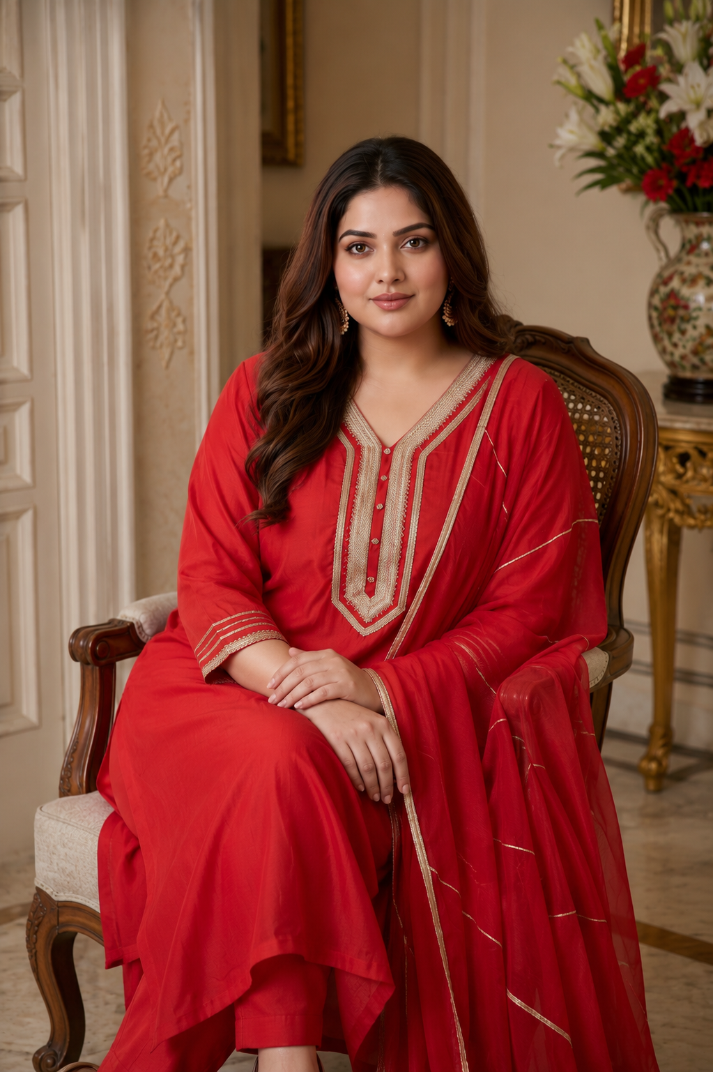 Crimson Red Cambric Cotton Kurta Pant Set with Dupatta(Set of 3)