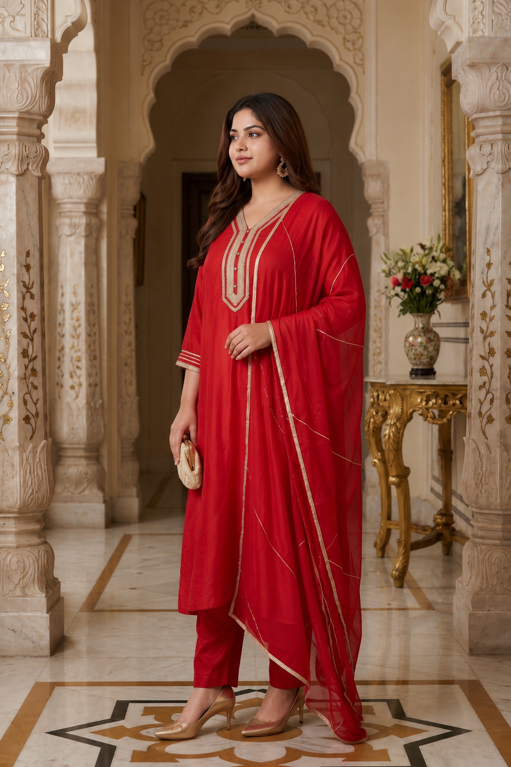Crimson Red Cambric Cotton Kurta Pant Set with Dupatta(Set of 3)
