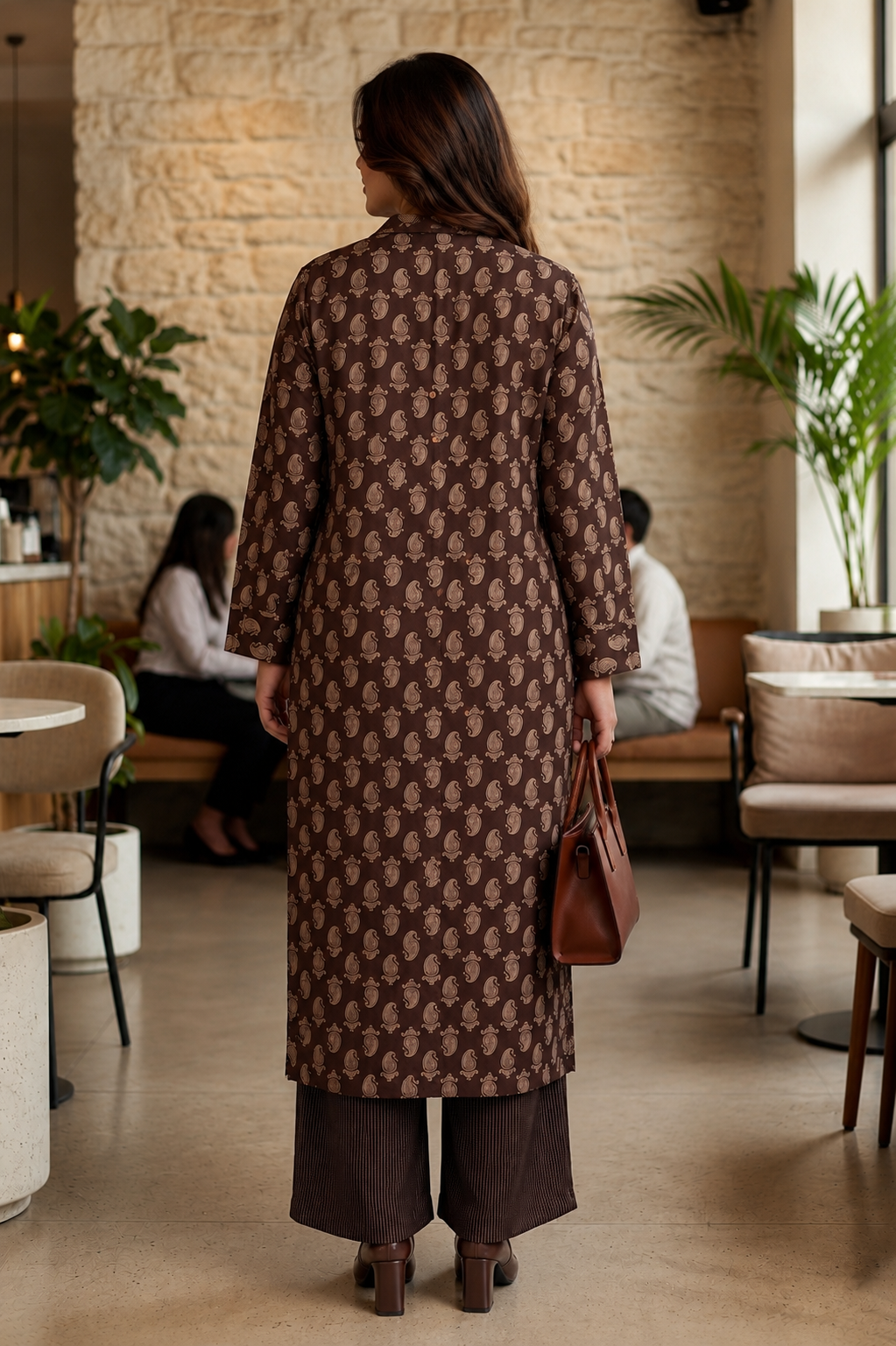 Brown Printed Kurta with Kantha Pants