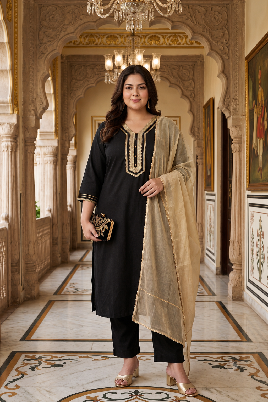Black Cambric Kurta Pant Set with Chiffon Dupatta( Set of 3)
