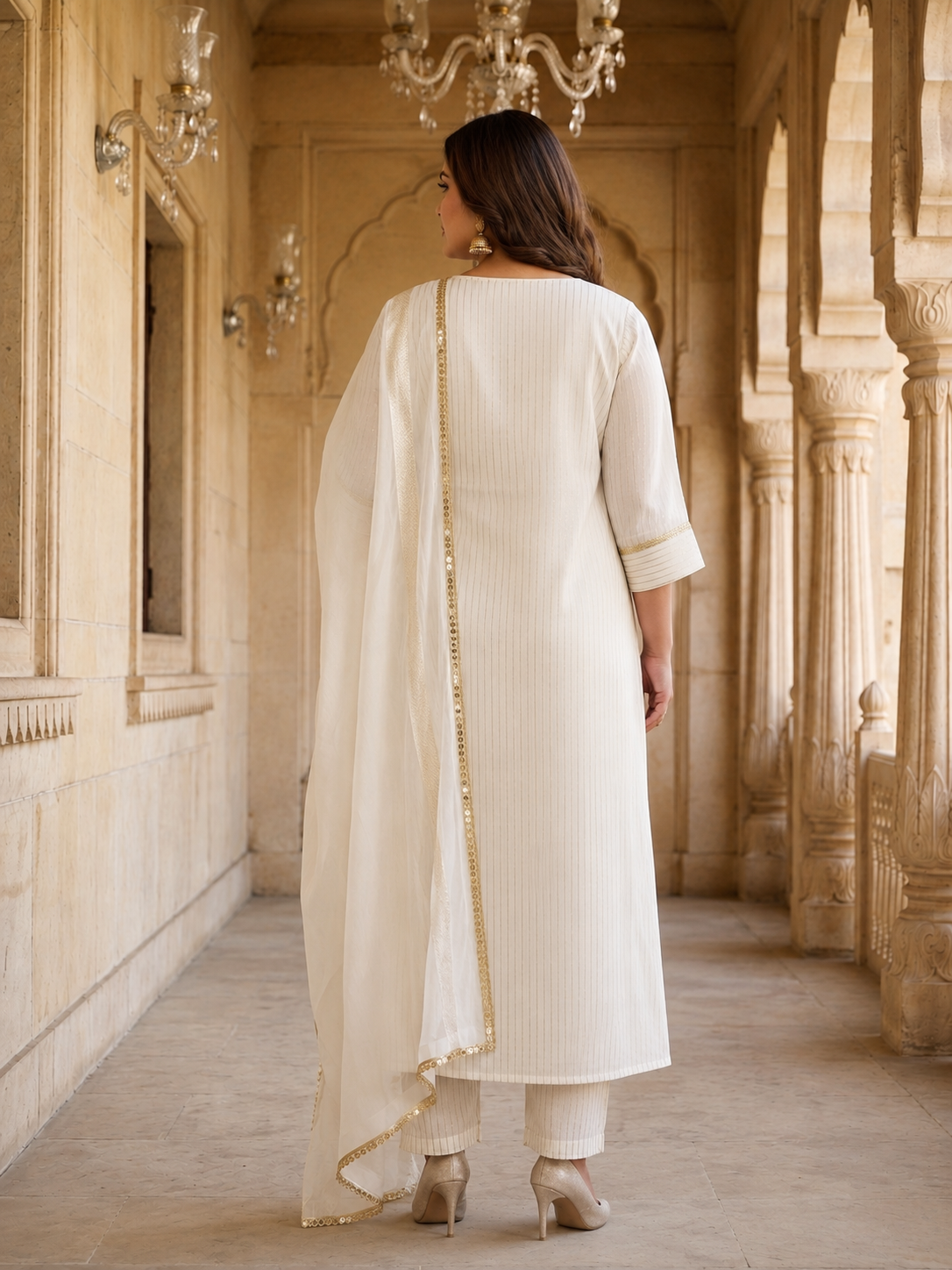 Ivory Cotton Lurex Kurta Pant Set with Dupatta (Set of 3)