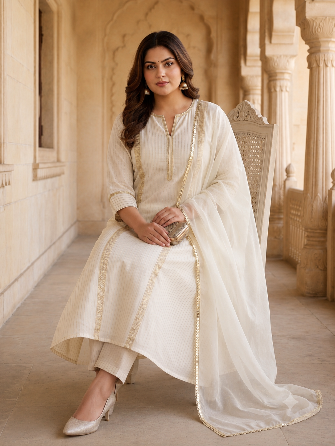Ivory Cotton Lurex Kurta Pant Set with Dupatta (Set of 3)