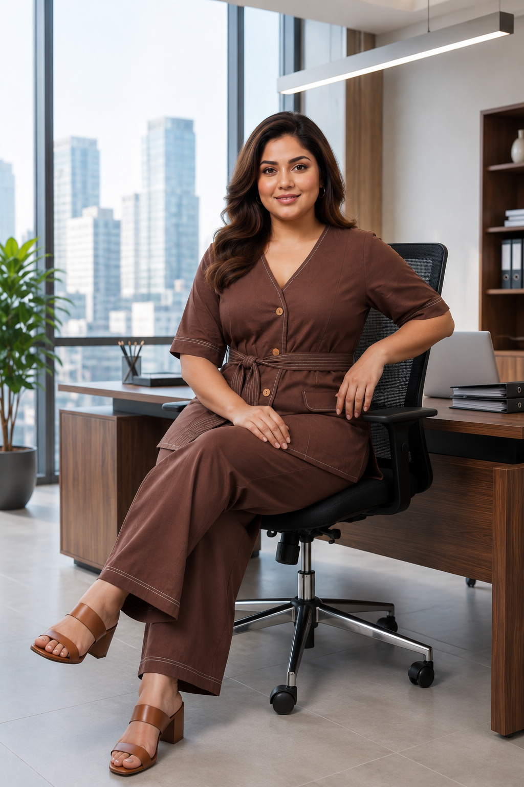 Bossy Mocha Brown Belted Linen Co-ord Set- Jacket Top & Bottom