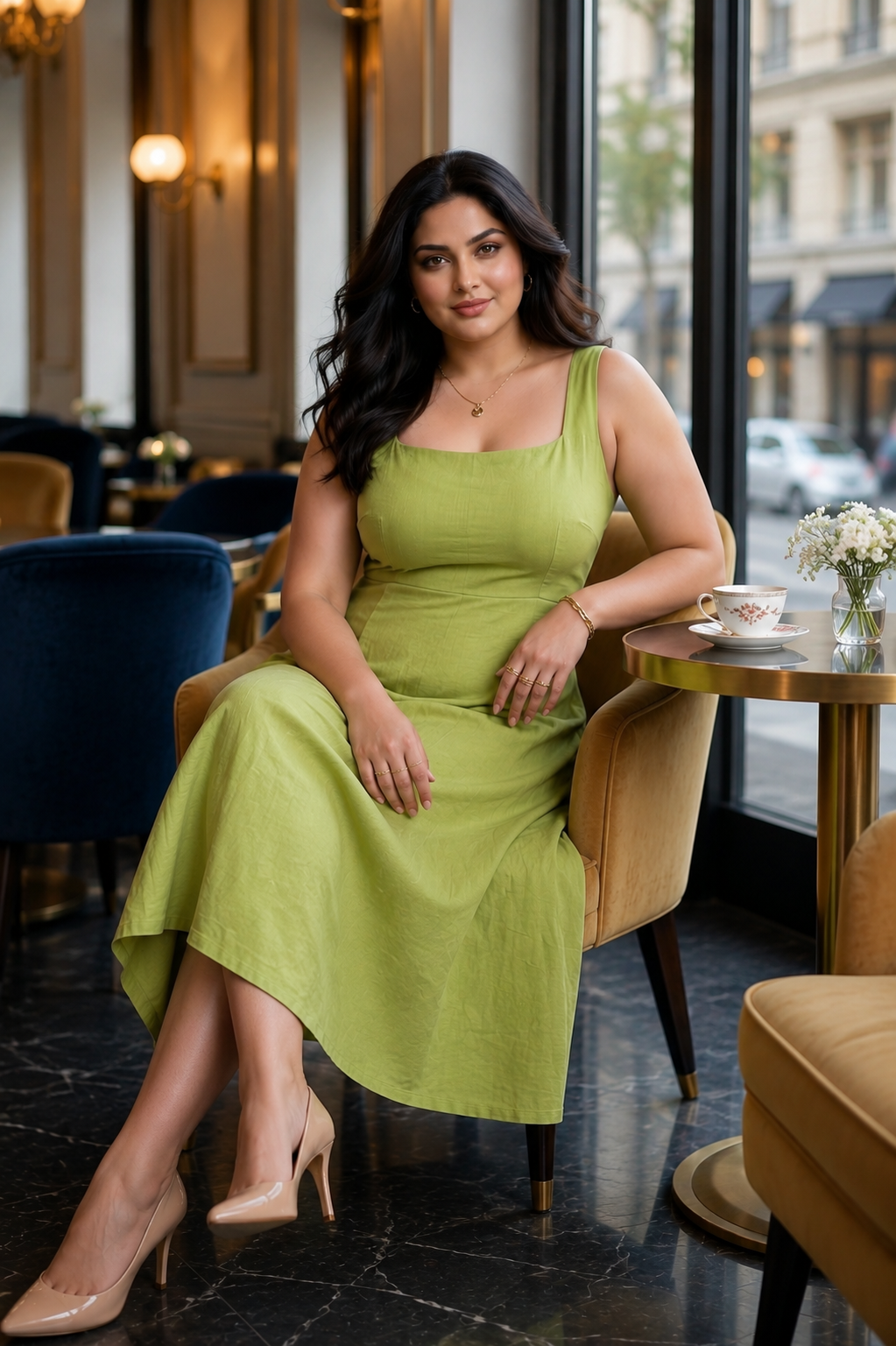 Fit & Flare Lime Green Cotton Midi Dress
