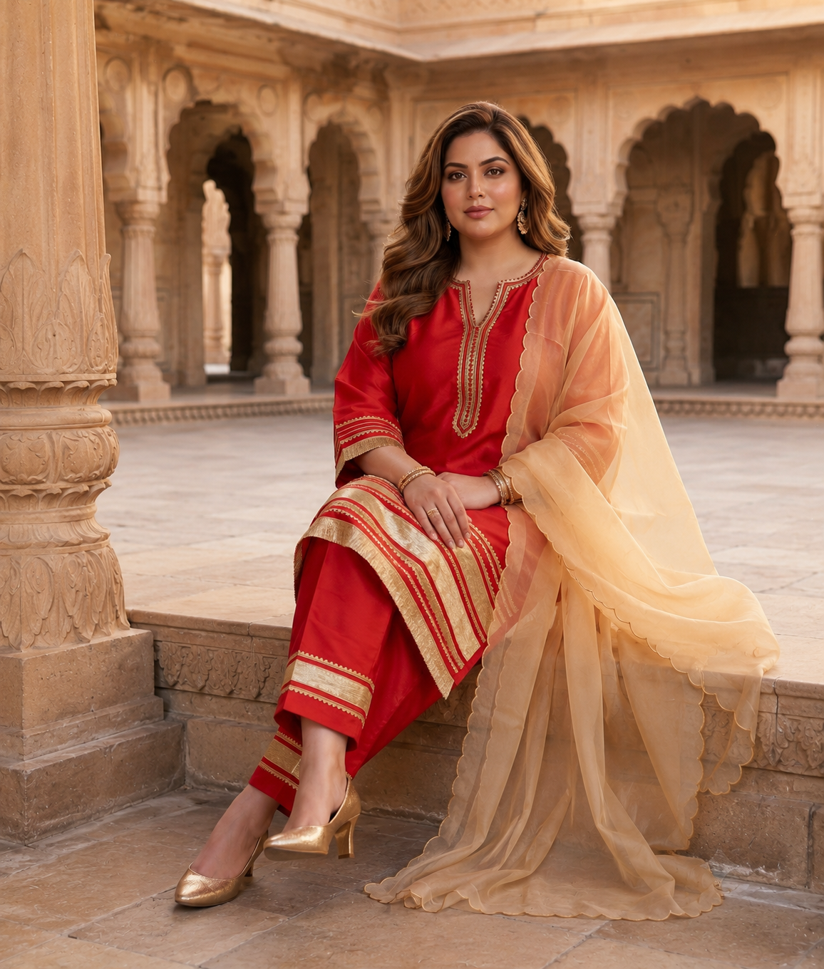 Crimson Royale Taffeta Kurta Suit Set (Set of 3)