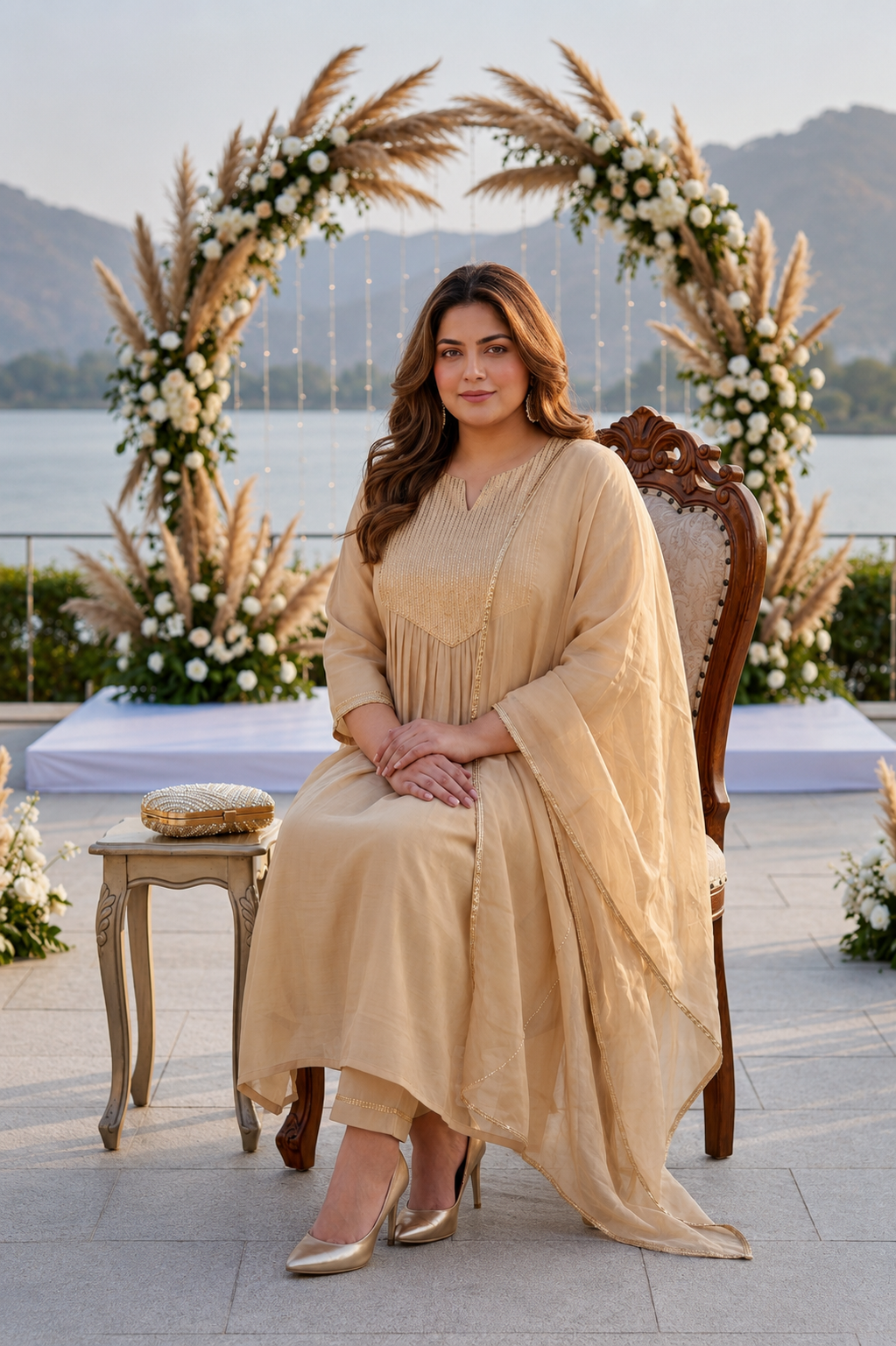 Golden Beige Cotton Cambric Kurta Pant Set with Chiffon Dupatta (Set Of 3)