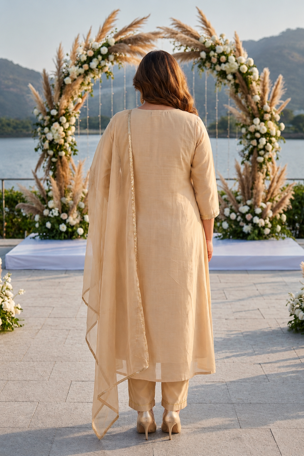 Golden Beige Cotton Cambric Kurta Pant Set with Chiffon Dupatta (Set Of 3)