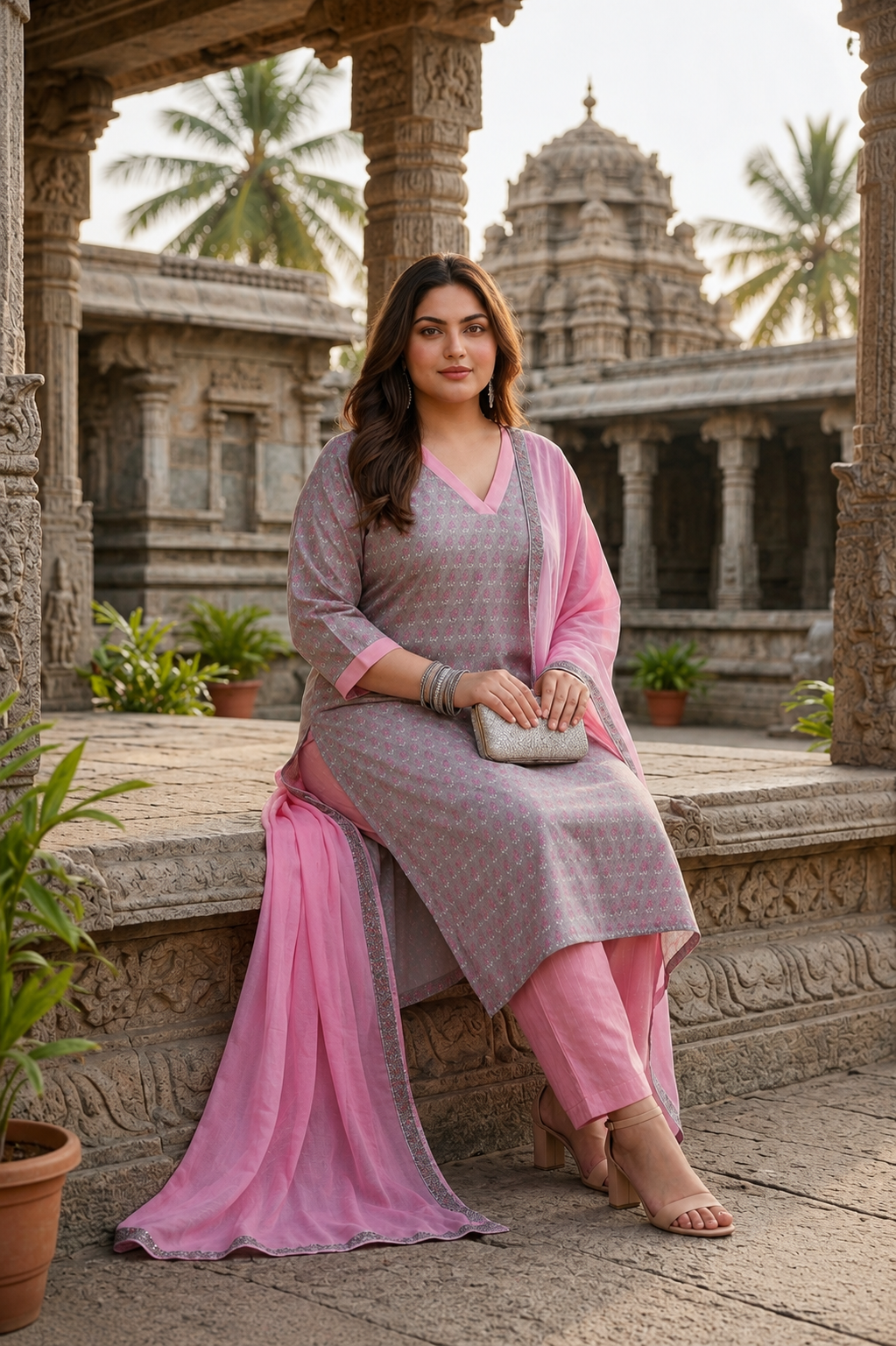 Grey & Pink Cotton Cambric Kurta Pant With Dupatta Set for Women( Set 0f 3)