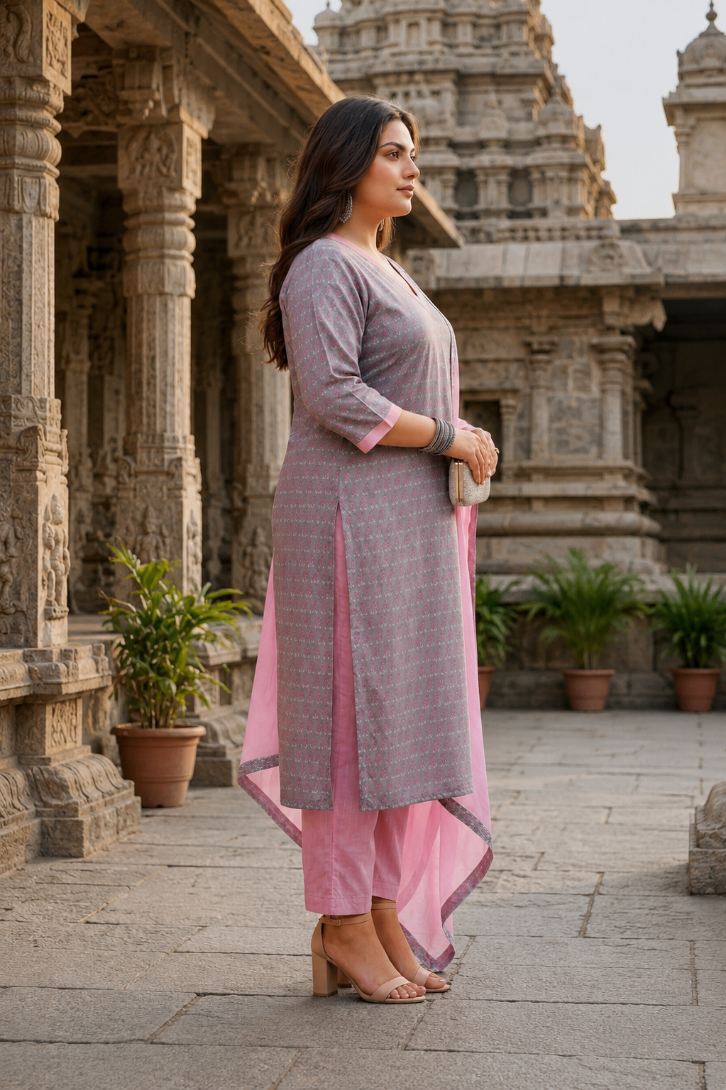 Grey & Pink Cotton Cambric Kurta Pant With Dupatta Set for Women( Set 0f 3)
