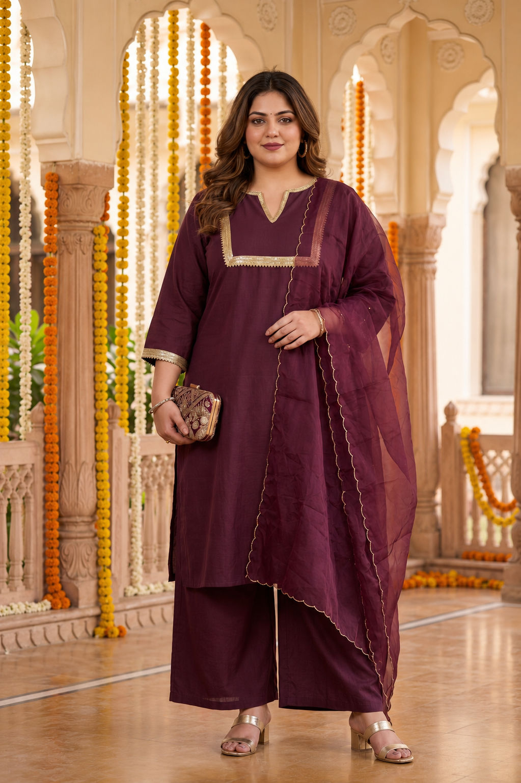 Wine Linen Kurta Pant Set with Dupatta (Set of 3)
