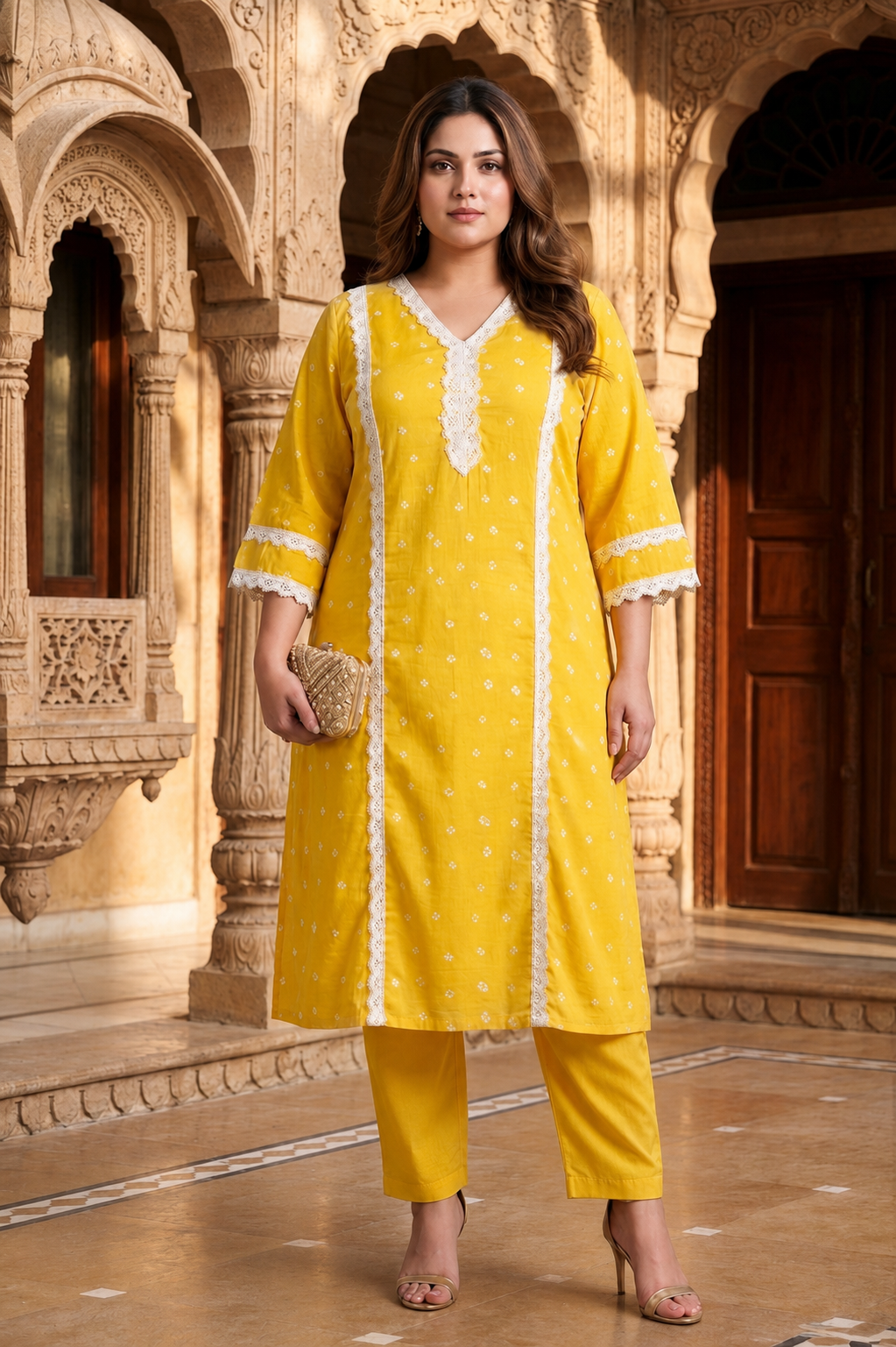 Elegant Lace Detailed Yellow Cotton Festive Kurta Pant Set (Set Of 2)