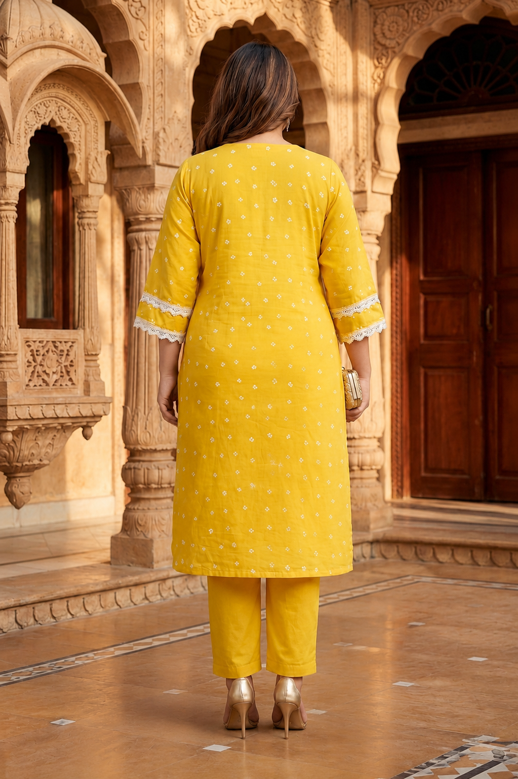 Elegant Lace Detailed Yellow Cotton Festive Kurta Pant Set (Set Of 2)
