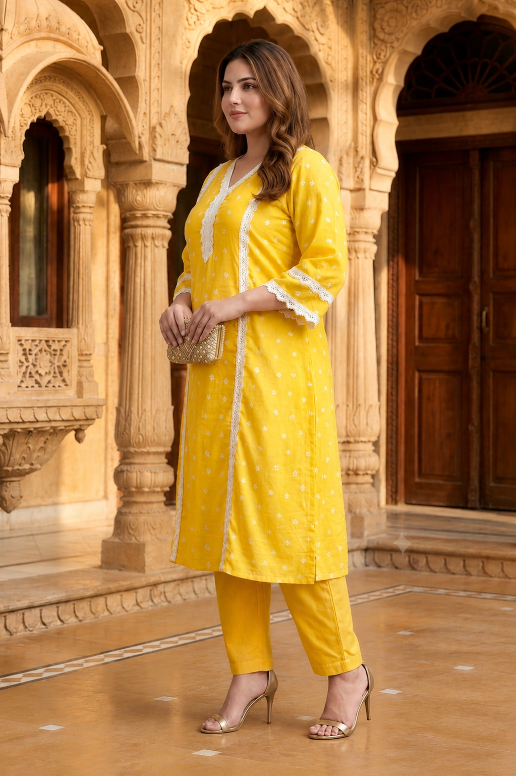 Elegant Lace Detailed Yellow Cotton Festive Kurta Pant Set (Set Of 2)