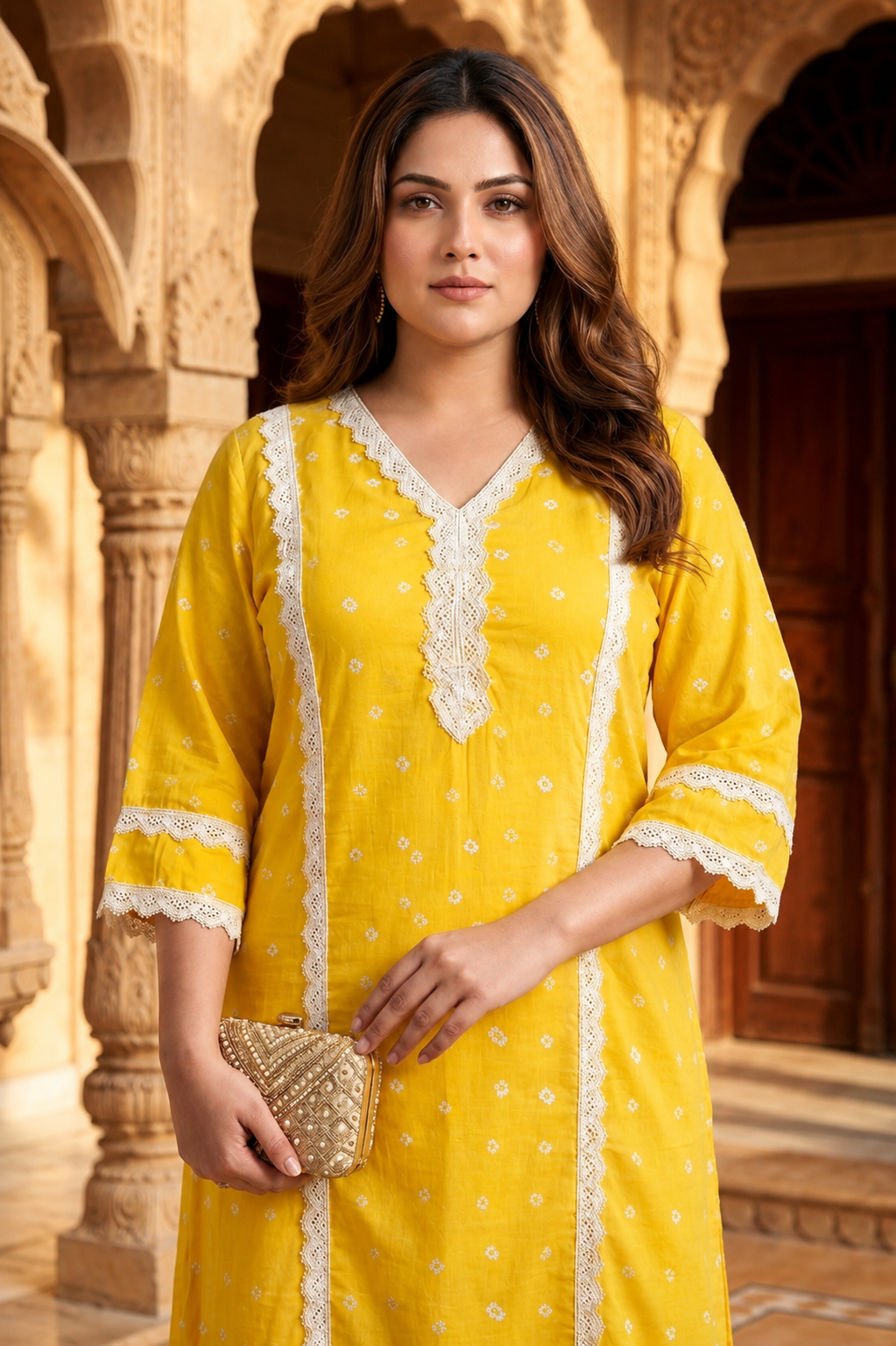 Elegant Lace Detailed Yellow Cotton Festive Kurta Pant Set (Set Of 2)