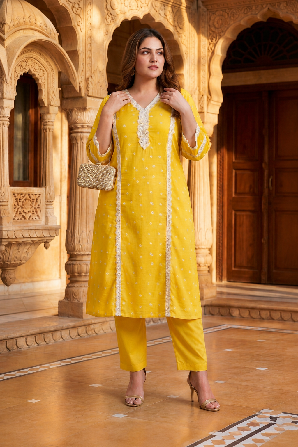 Elegant Lace Detailed Yellow Cotton Festive Kurta Pant Set (Set Of 2)