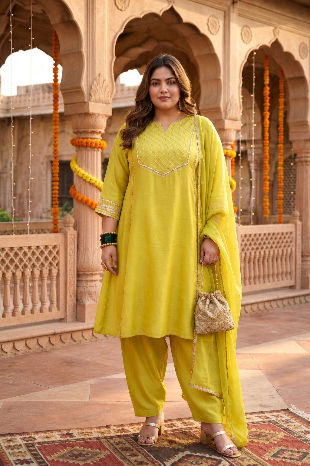 Mustard Green Muslin Kurta Suit Set With Farsi Salwar (Set of 3)
