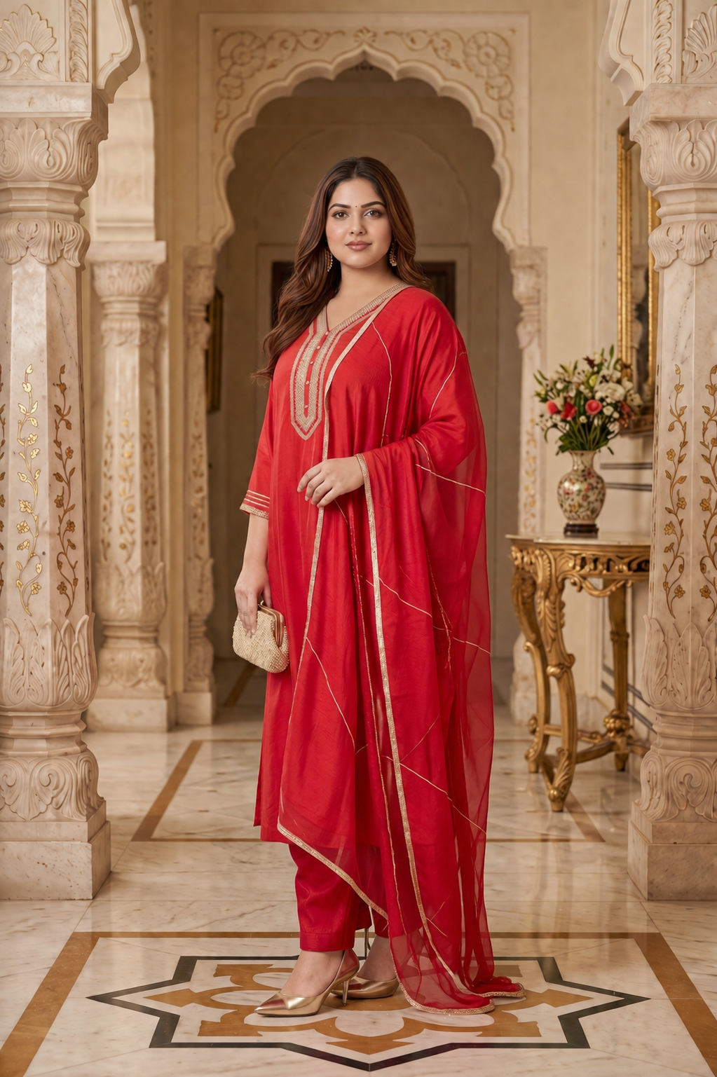 Crimson Red Cambric Cotton Kurta Pant Set with Dupatta(Set of 3)