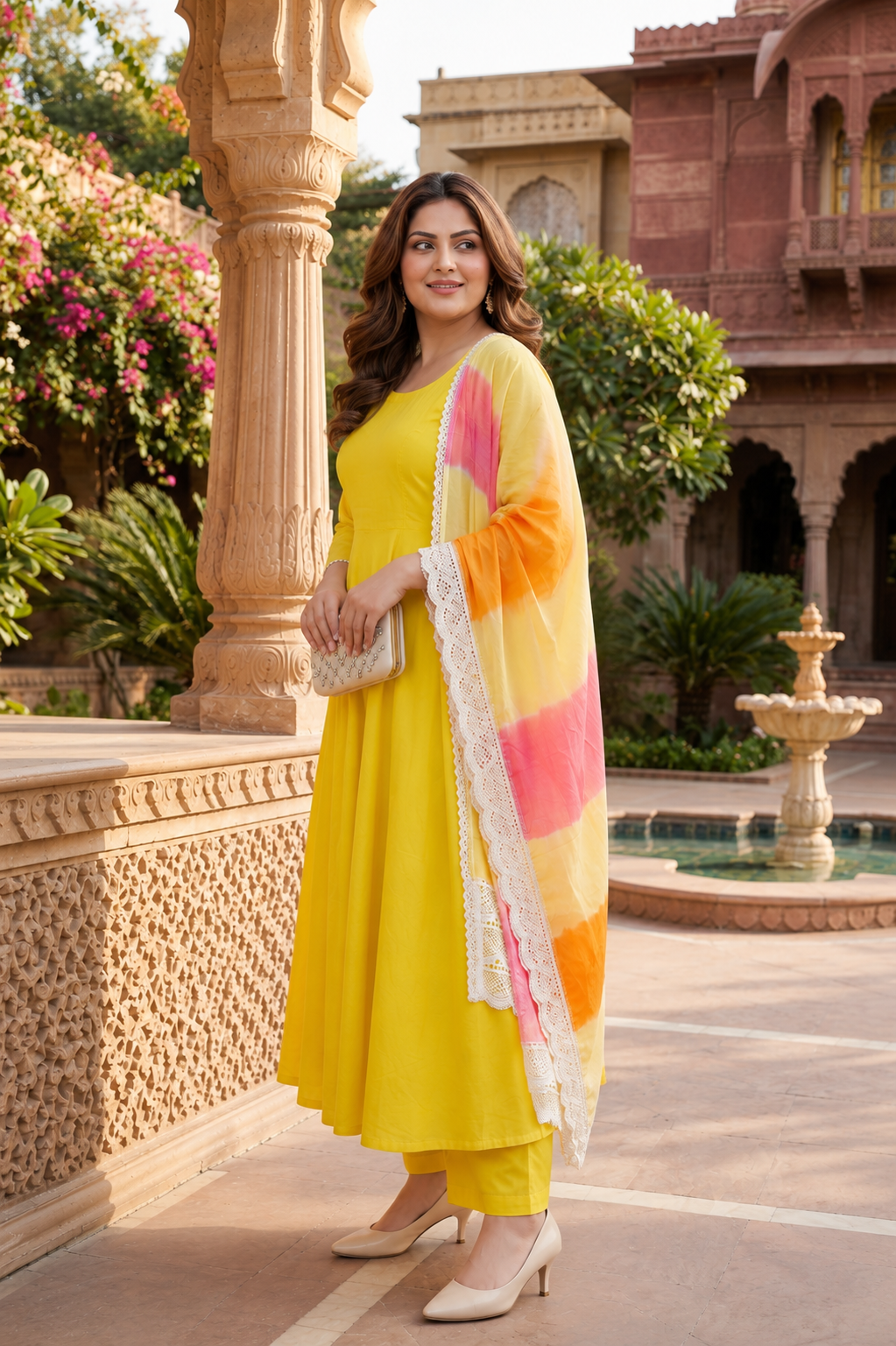 Yellow Mulmul Anarkali Suit Set - (Set of 3)