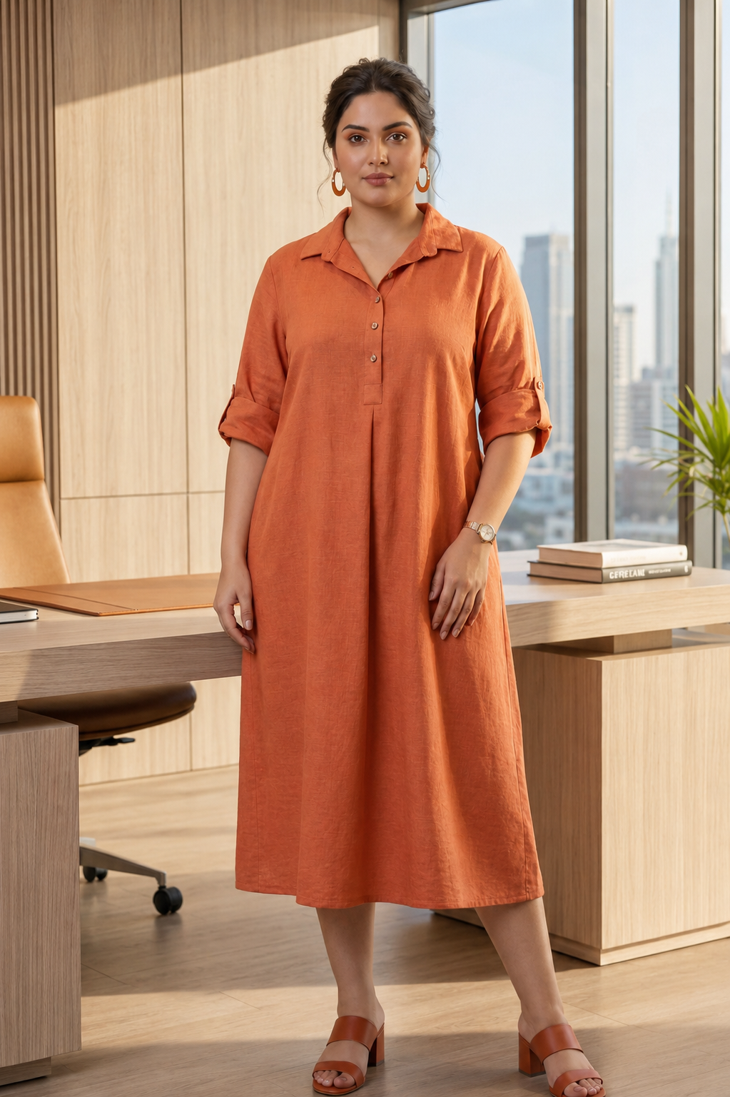 Rust Orange Mid-Length Linen Shirt Collar Dress