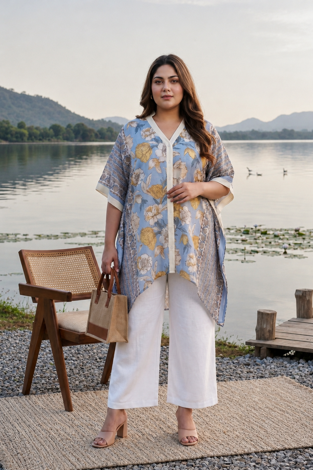 Floral Printed Mulmul Kaftan Pants Set(Set of 3)