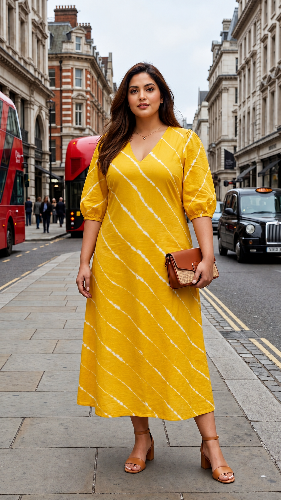 Plus Size Yellow Cotton Midi Dress – Tie-Dye Stripe V-Neck Casual Dress for Women