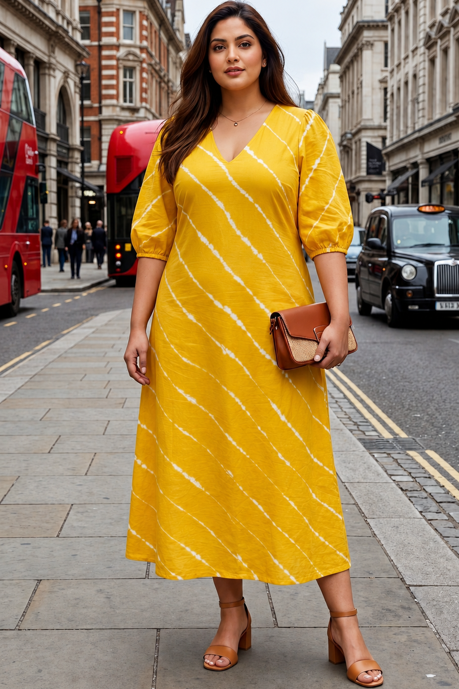 Plus Size Yellow Tie-Dye Stripe Cotton Midi Dress For Women