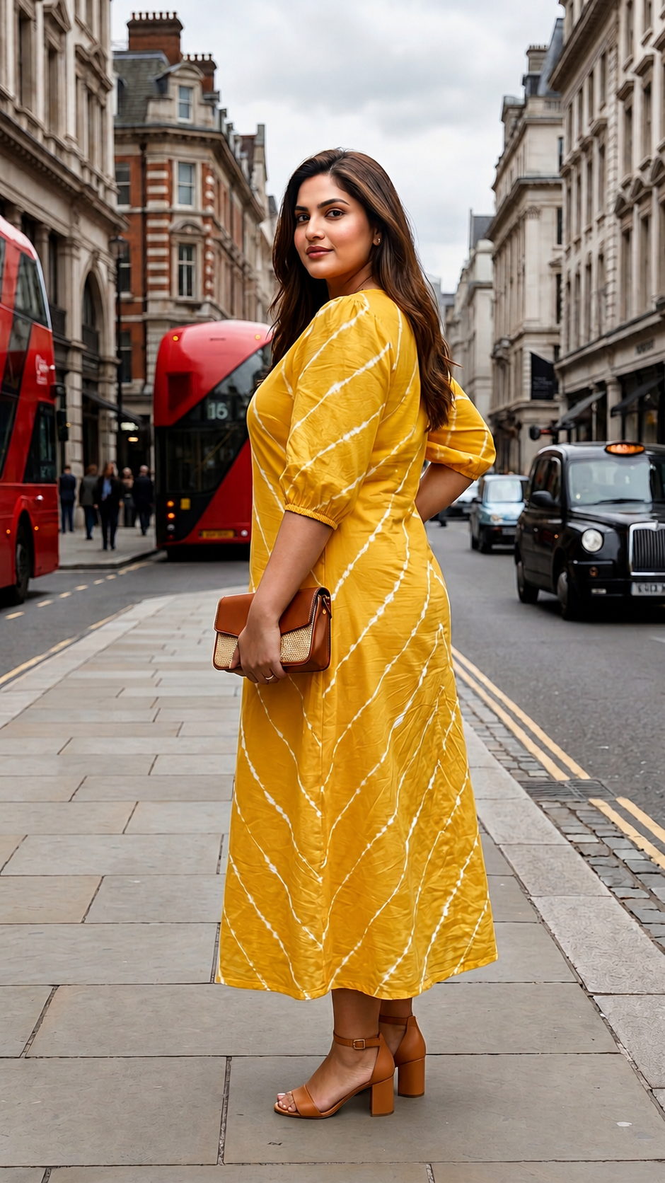 Plus Size Yellow Cotton Midi Dress – Tie-Dye Stripe V-Neck Casual Dress for Women