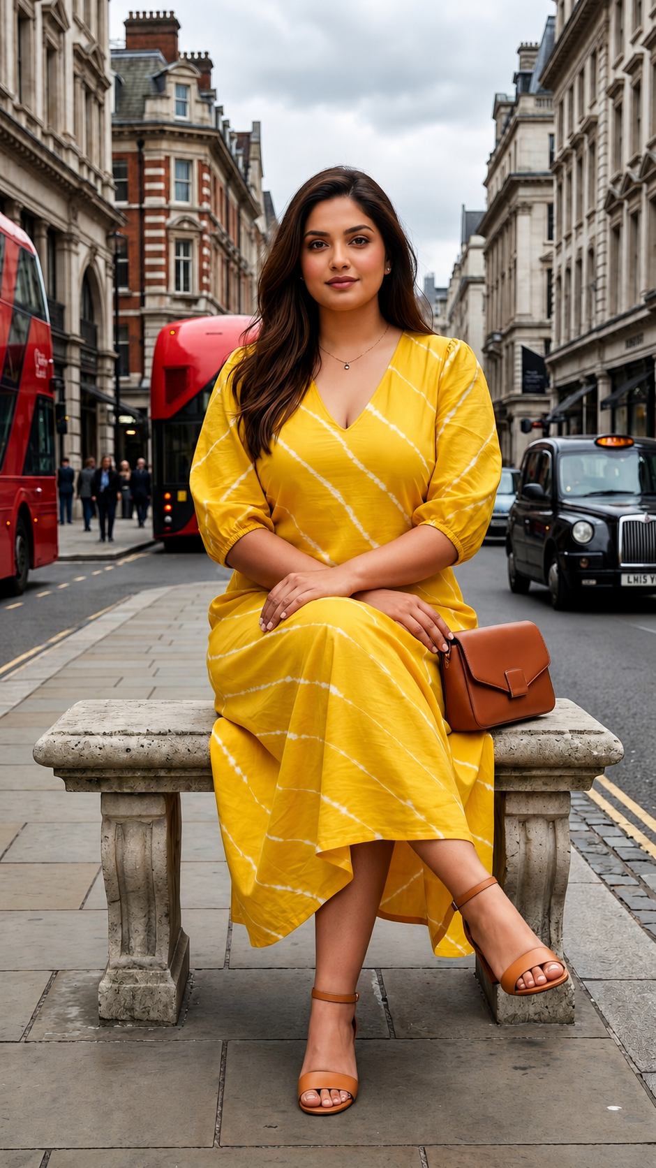 Plus Size Yellow Cotton Midi Dress – Tie-Dye Stripe V-Neck Casual Dress for Women