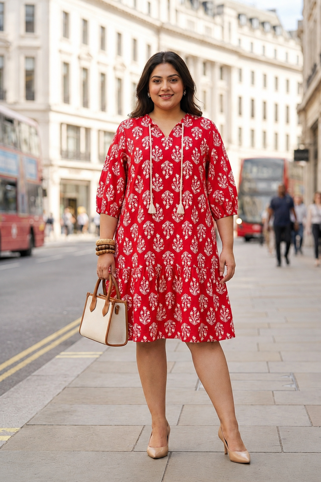 Plus Size Red Printed Cotton Tiered Dress | Casual Summer Comfort Dress for Women