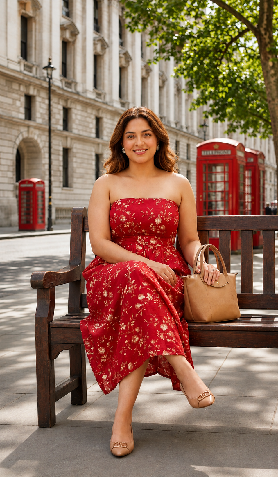 Plus Size Women’s Red Floral Cotton Strapless Maxi Dress
