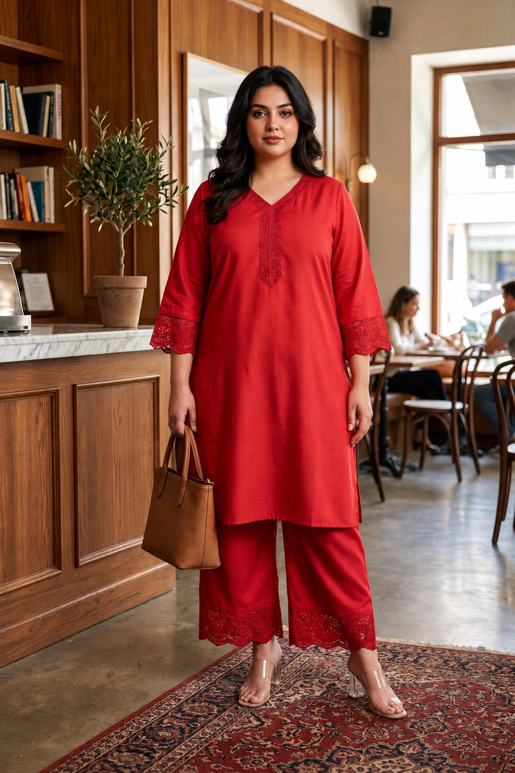 Plus Size Red Muslin Kurta Pant Set with Lace Detailings for Women
