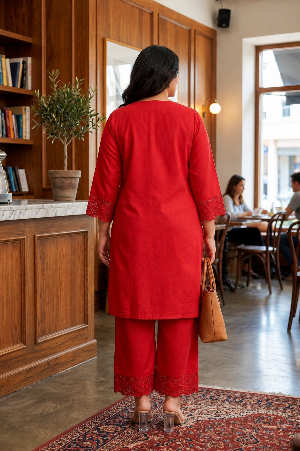 Plus Size Red Muslin Kurta Pant Set with Lace Detailings for Women