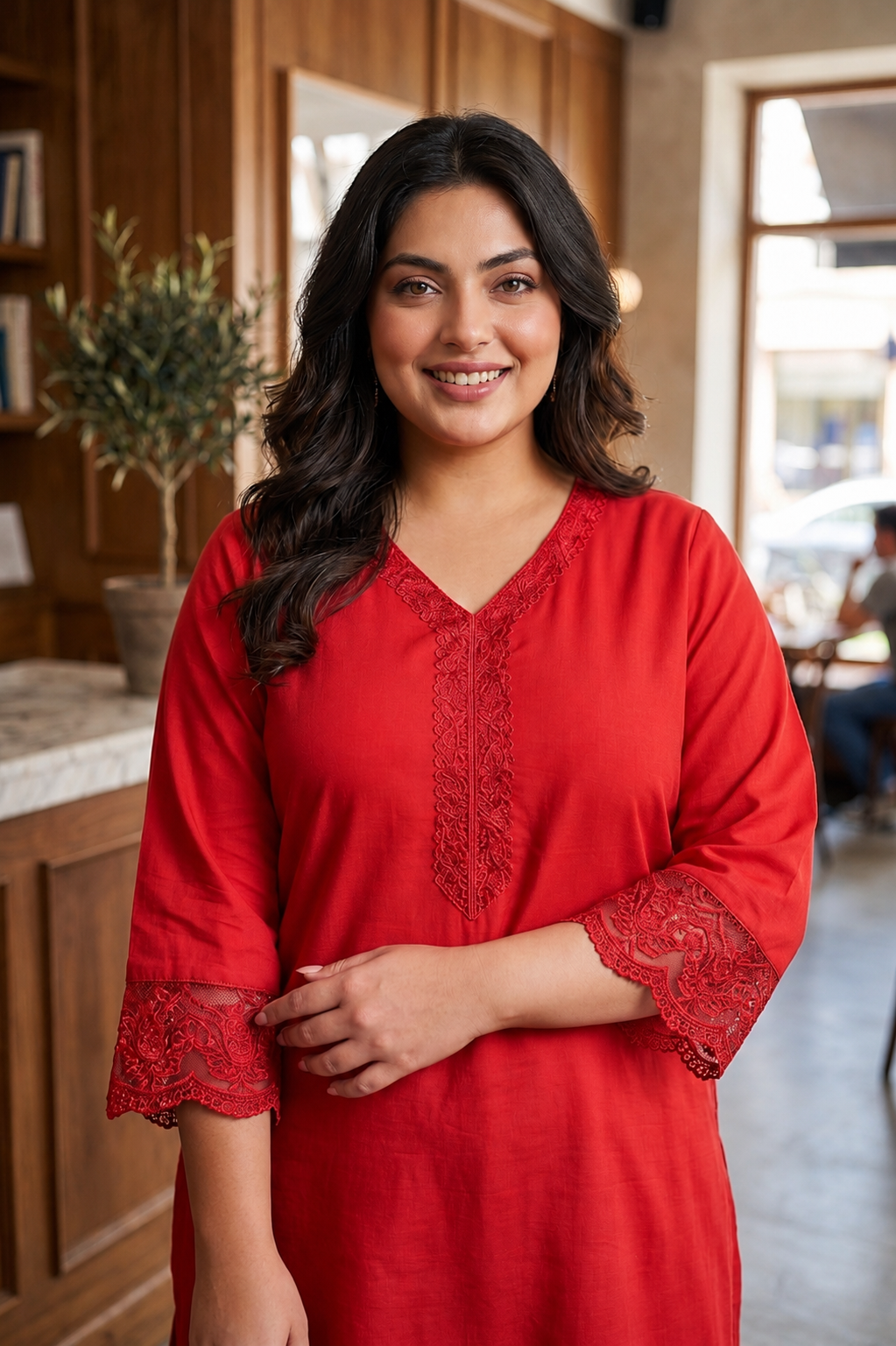 Plus Size Red Muslin Kurta Pant Set with Lace Detailings for Women