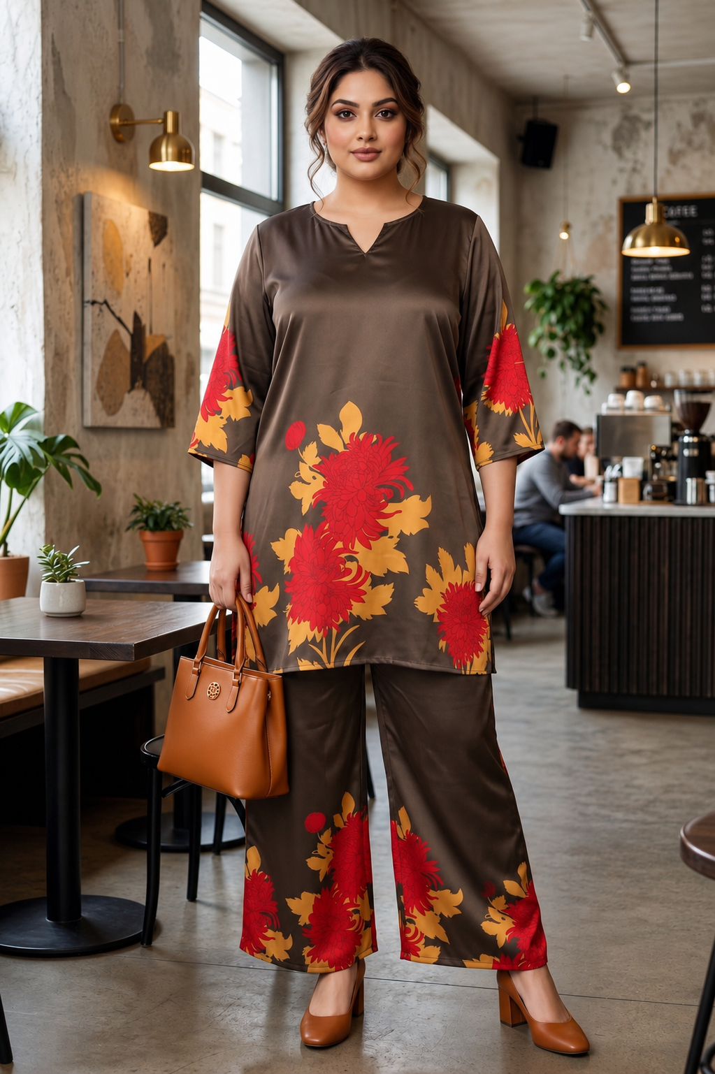 Olive Bloom Plus Size Satin Floral Co-Ord Set