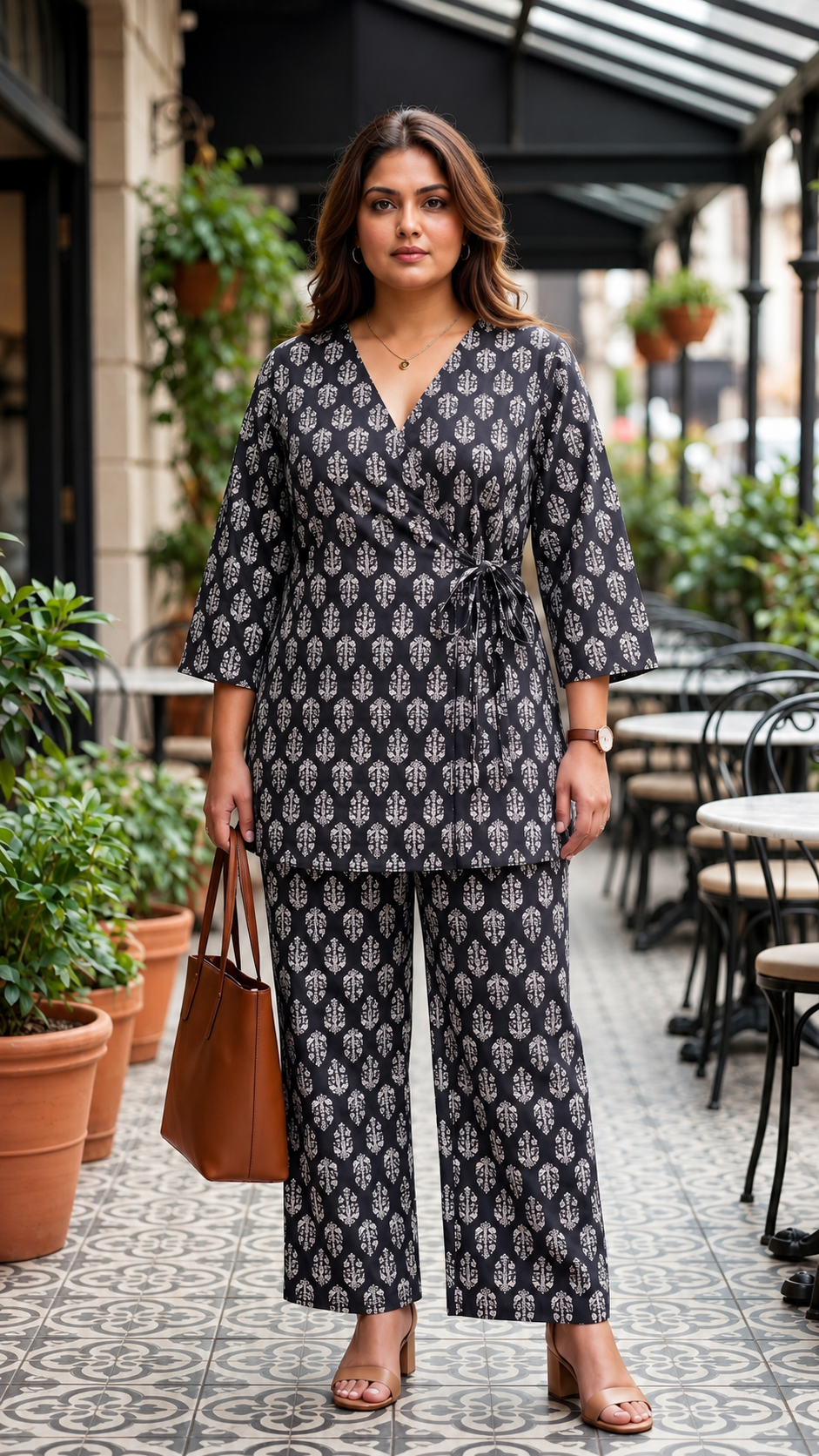Plus Size Black Cotton Printed Cord Set for Women | Wrap Style Top & Wide Leg Pants