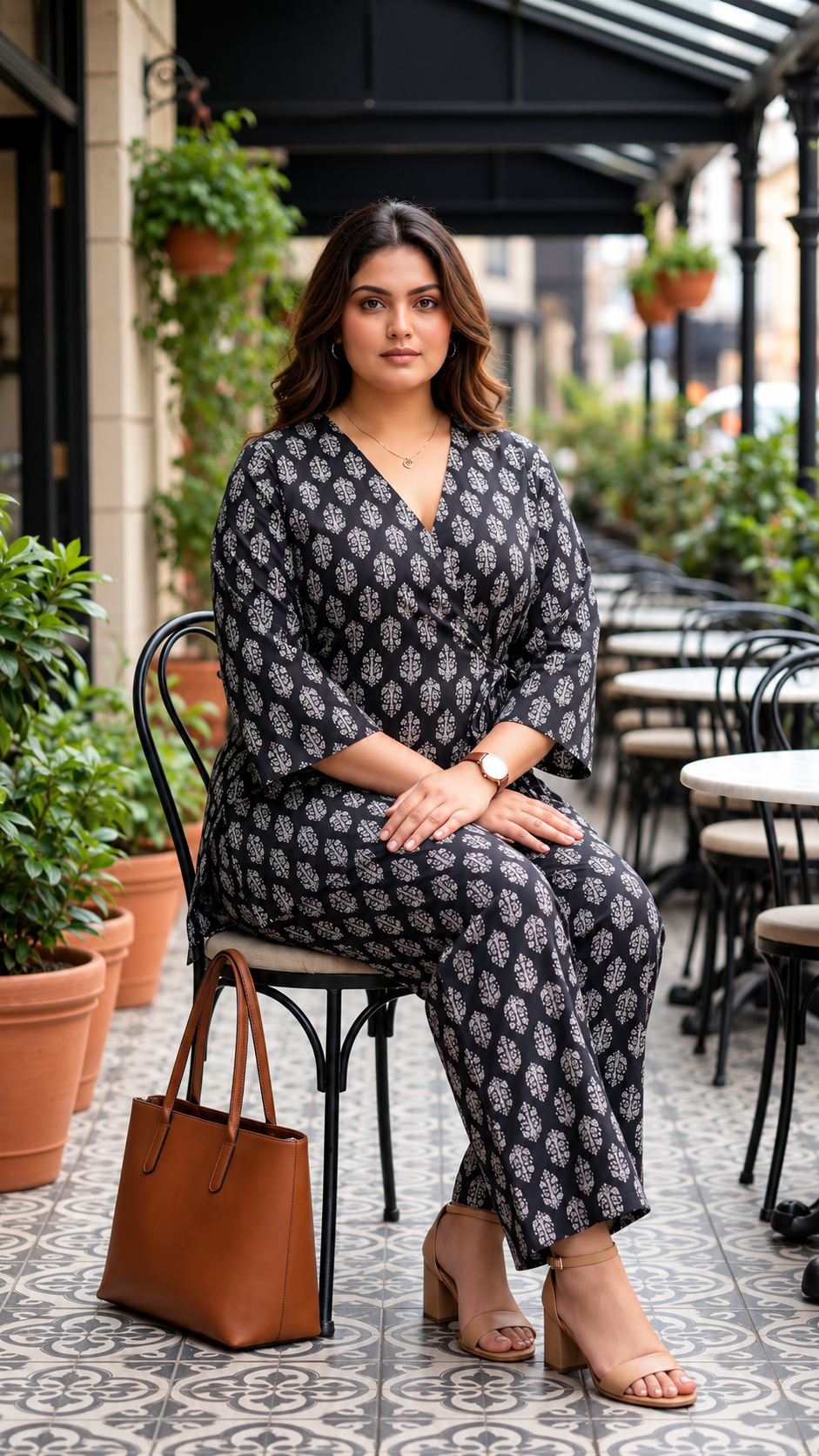 Plus Size Black Cotton Printed Cord Set for Women | Wrap Style Top & Wide Leg Pants