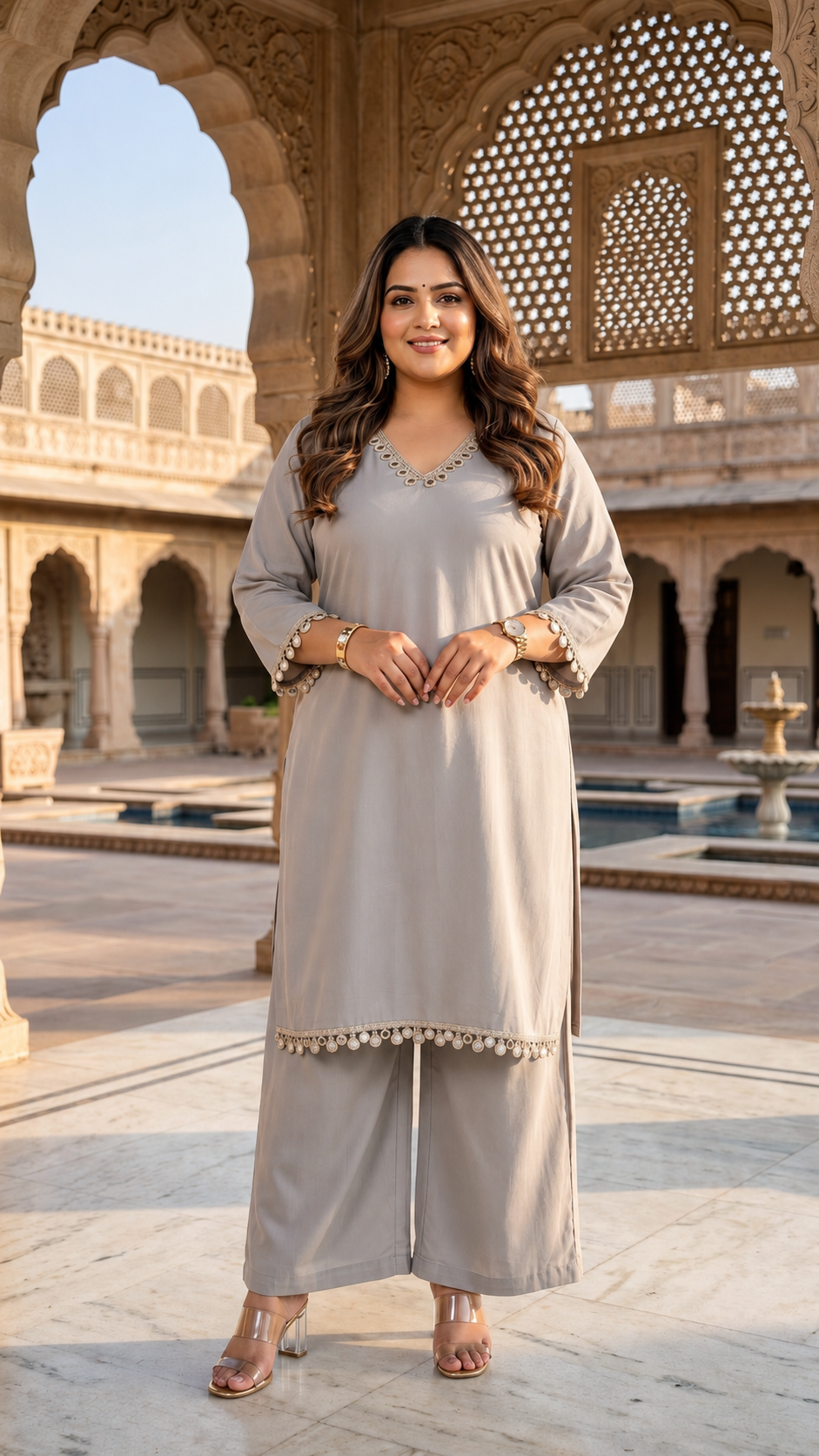 Grey Roman Silk Kurta Pant Set For Women