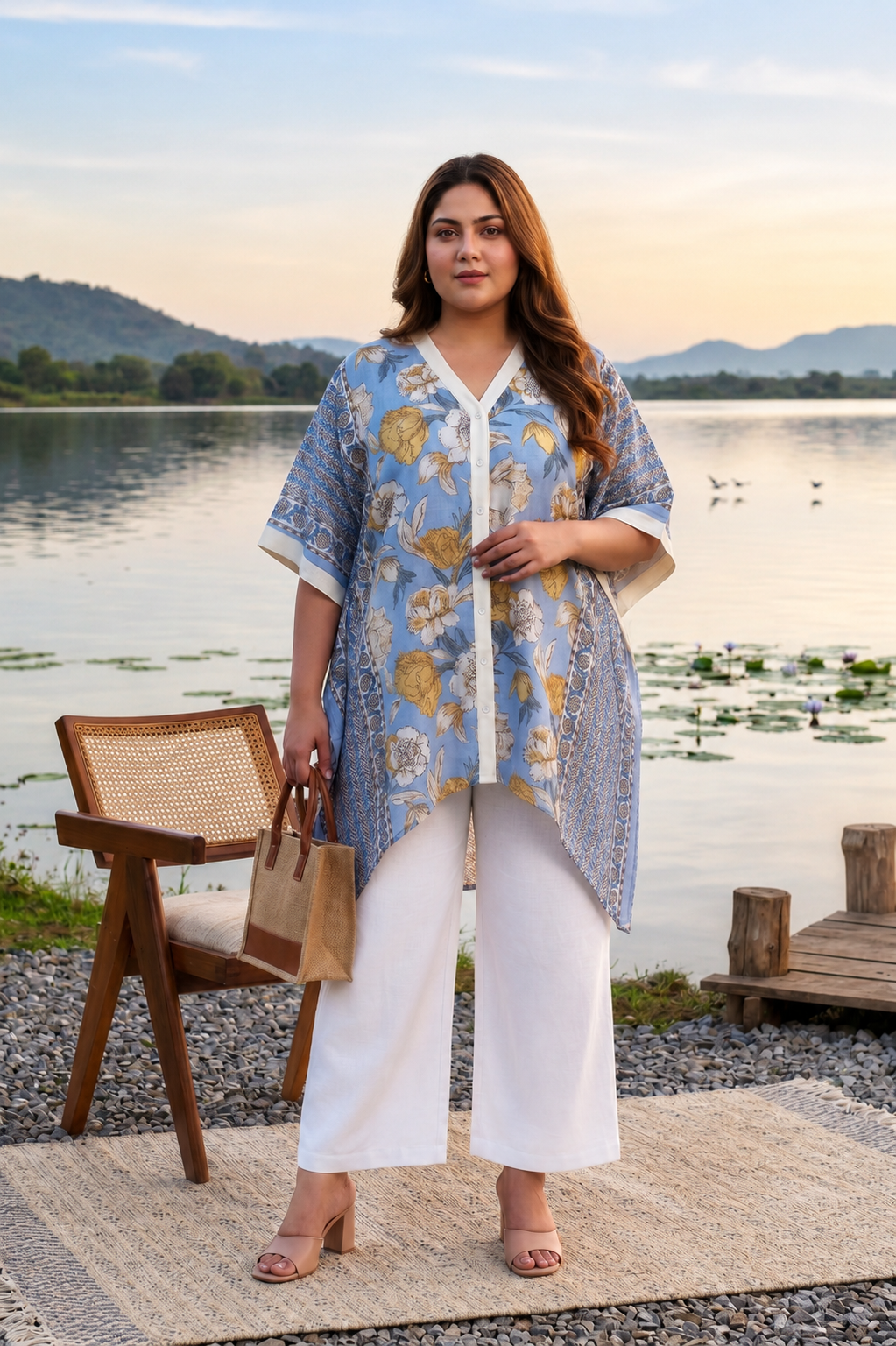 Breezy Floral Printed Mulmul Kaftan Pants Set(Set of 3)