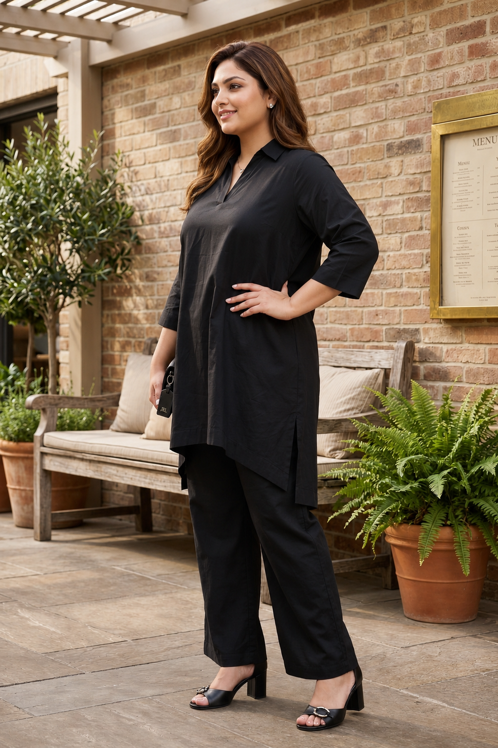 Black Relaxed Fit Cotton Top & Straight Pant Co -Ord Set For Women