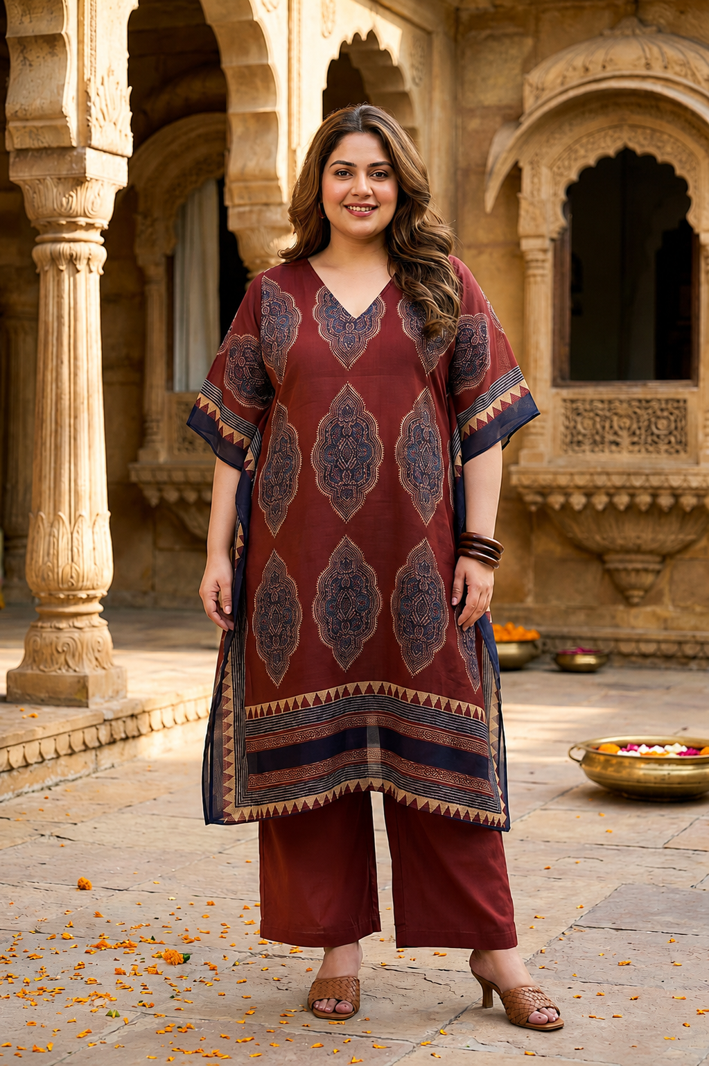 Rust Kaftan Co-ord Set With Ethnic Print(Set of 3)