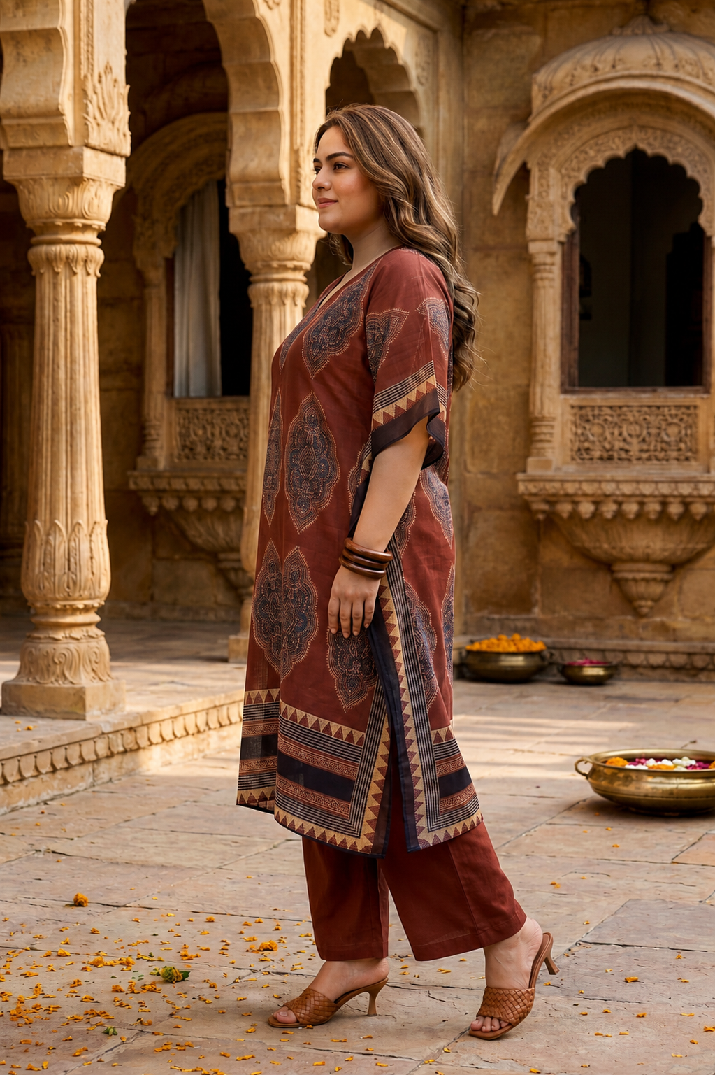 Rust Kaftan Printed Ethnic Co-Ord Set For Women