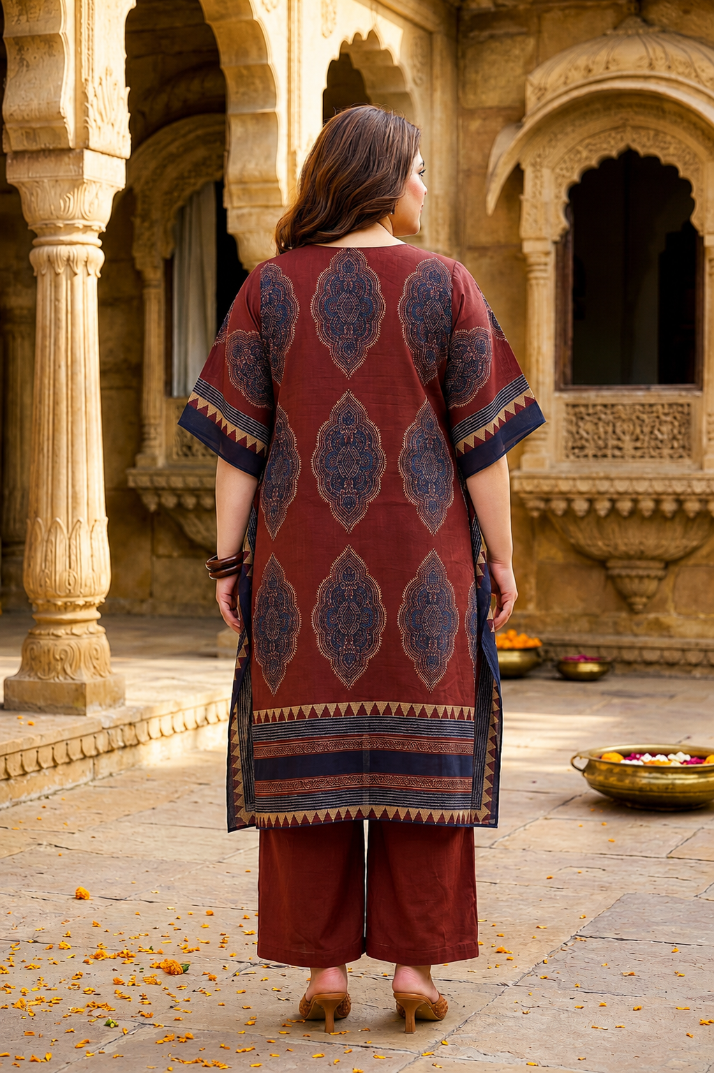 Rust Kaftan Printed Ethnic Co-Ord Set For Women
