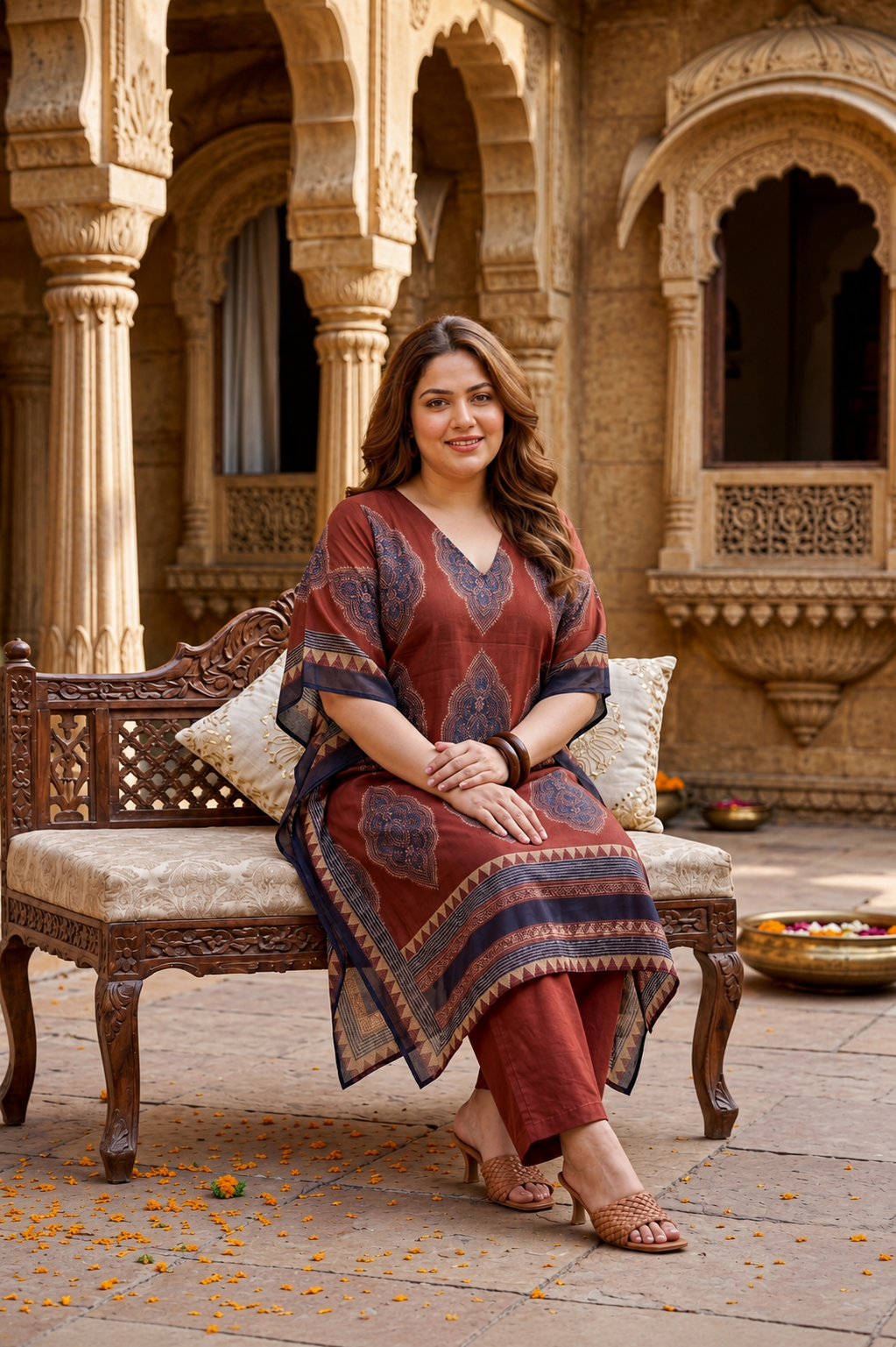 Rust Kaftan Co-ord Set With Ethnic Print(Set of 3)