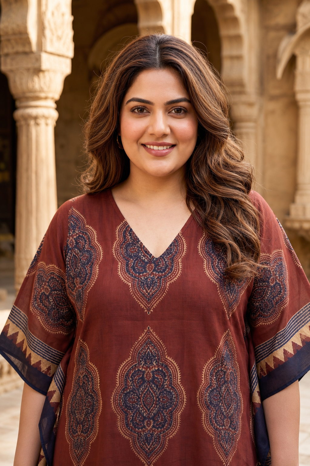 Rust Kaftan Printed Ethnic Co-Ord Set For Women