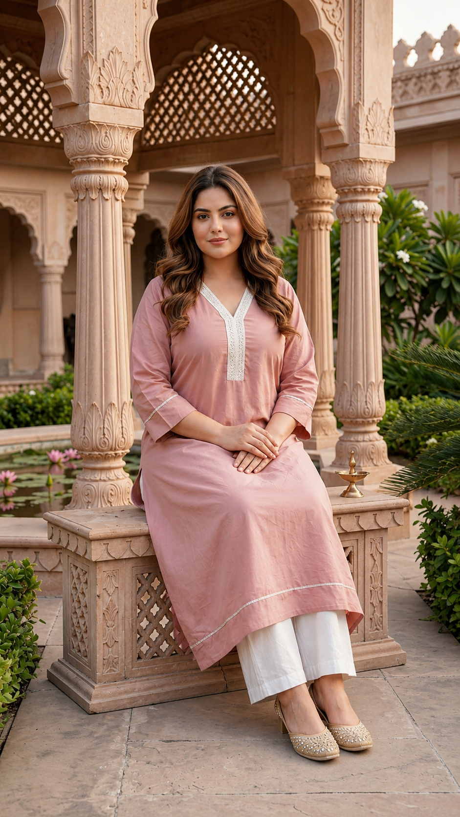 Elegant V-Neck Blush Pink Chinnon Kurta For Women (Only Kurta)