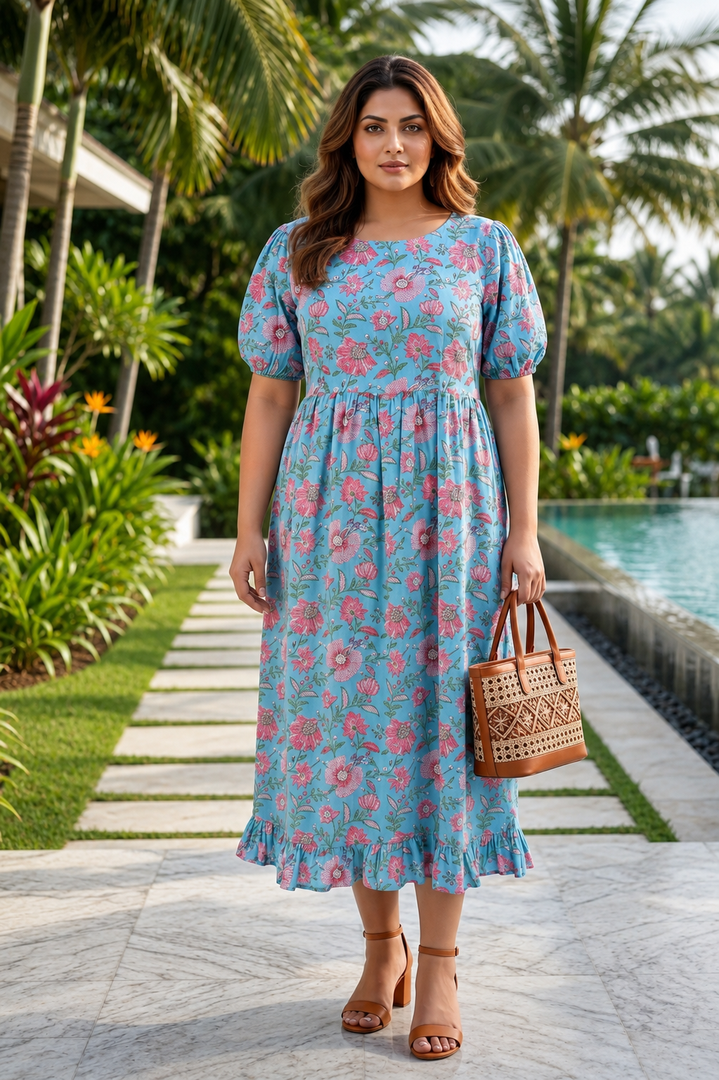 Sky Blue Hand Block Printed Floral Cotton Maxi Dress