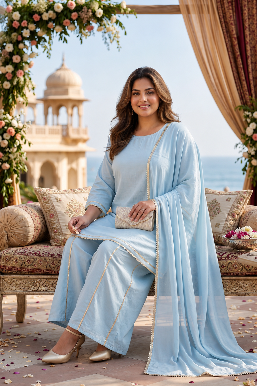 Sky Blue Roman Silk Kurta Set with Dupatta For Women