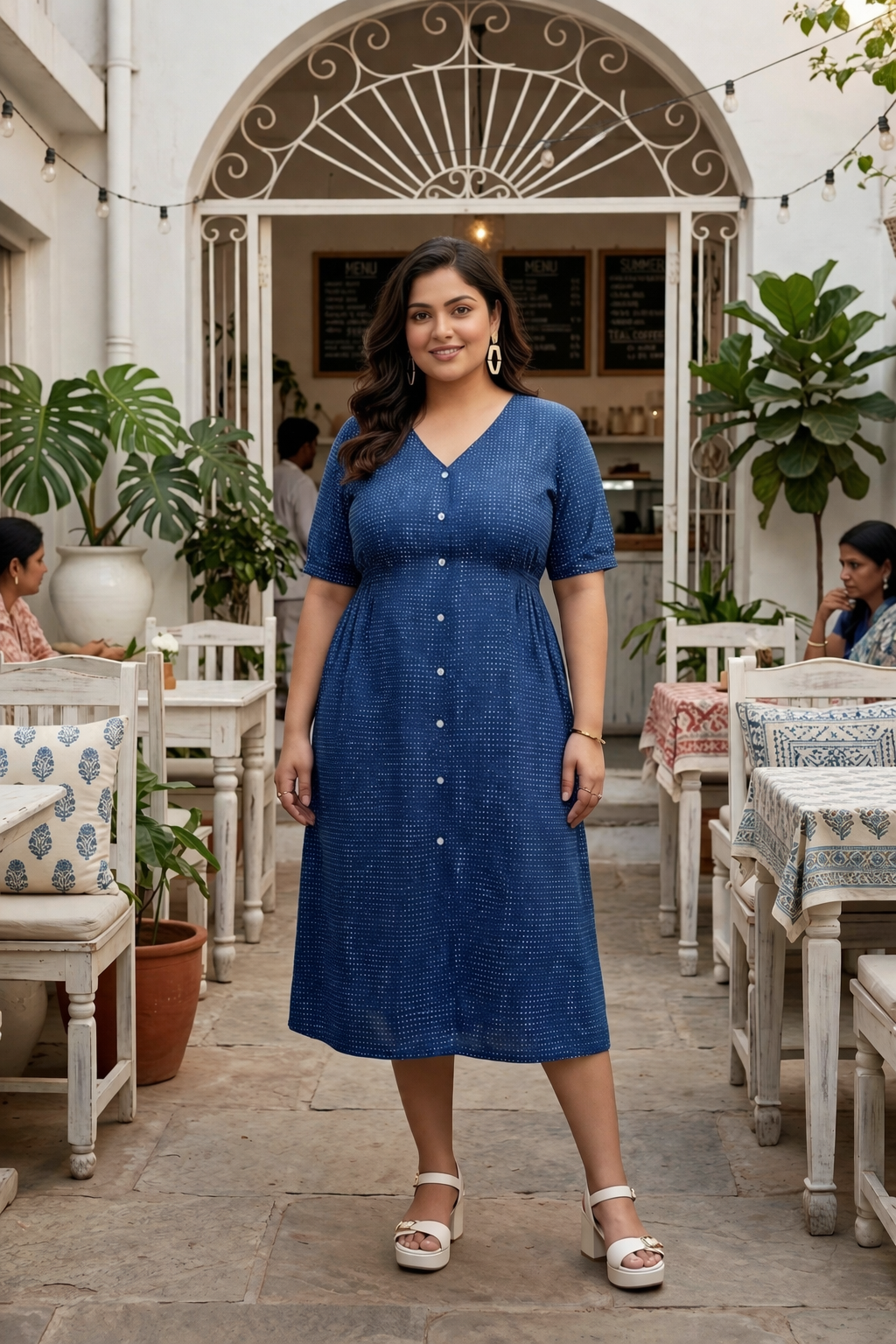 Block Printed Indigo Blue Button Down Midi Dress