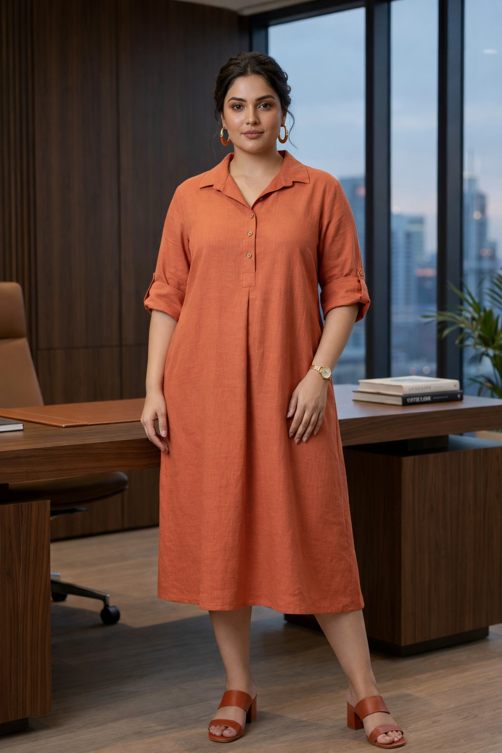 Rust Orange Mid-Length Linen Shirt Collar Dress
